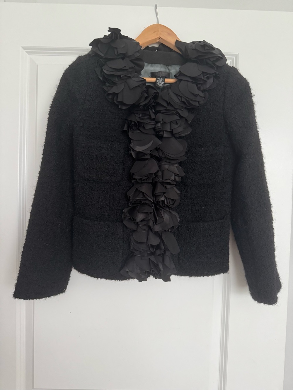 J. Crew Collection Black Bouclé Jacket with Floral Ruffle Trim size 4